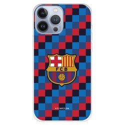 Funda para iPhone 13 Pro Max del Barcelona Escudo Fondo Cuadros - Licencia Oficial FC Barcelona